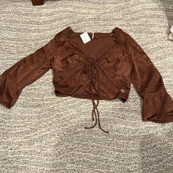Free People Satin and Lace Bed Jacket Blouse Top Brown M - Picture 3 of 5
